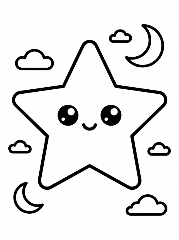 Free printable coloring page showing a smiling kawaii star with moon and clouds, perfect for kids to practice coloring and creativity