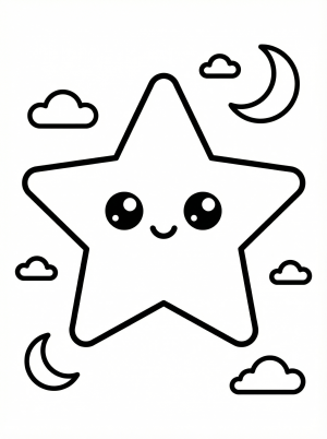 Free printable coloring page showing a smiling kawaii star with moon and clouds, perfect for kids to practice coloring and creativity