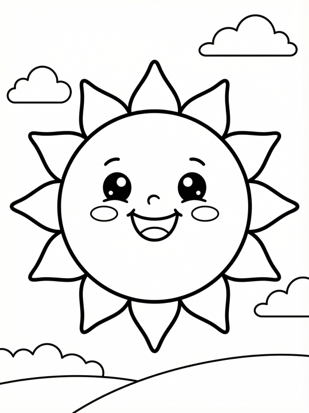 Free printable coloring page showing a smiling kawaii sun with rays and clouds, perfect for kids to practice coloring and creativity