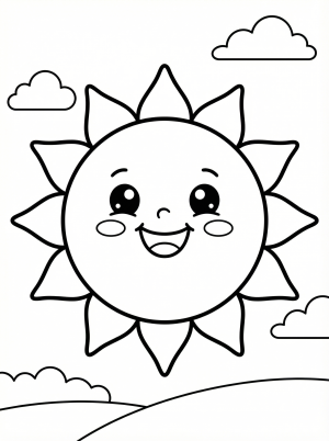 Free printable coloring page showing a smiling kawaii sun with rays and clouds, perfect for kids to practice coloring and creativity