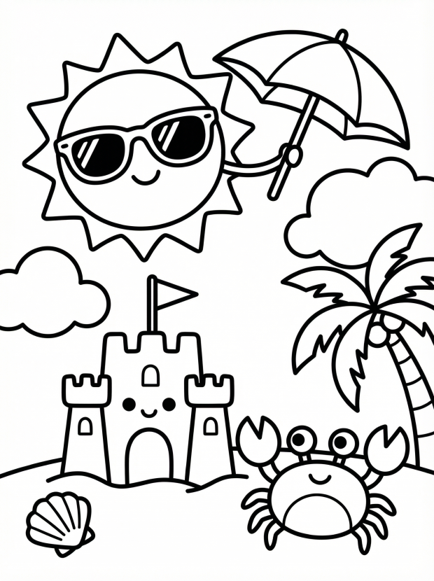 Free printable coloring page showing a kawaii beach scene with sun, sandcastle, crab and palm tree, perfect for kids to practice creativity and focus