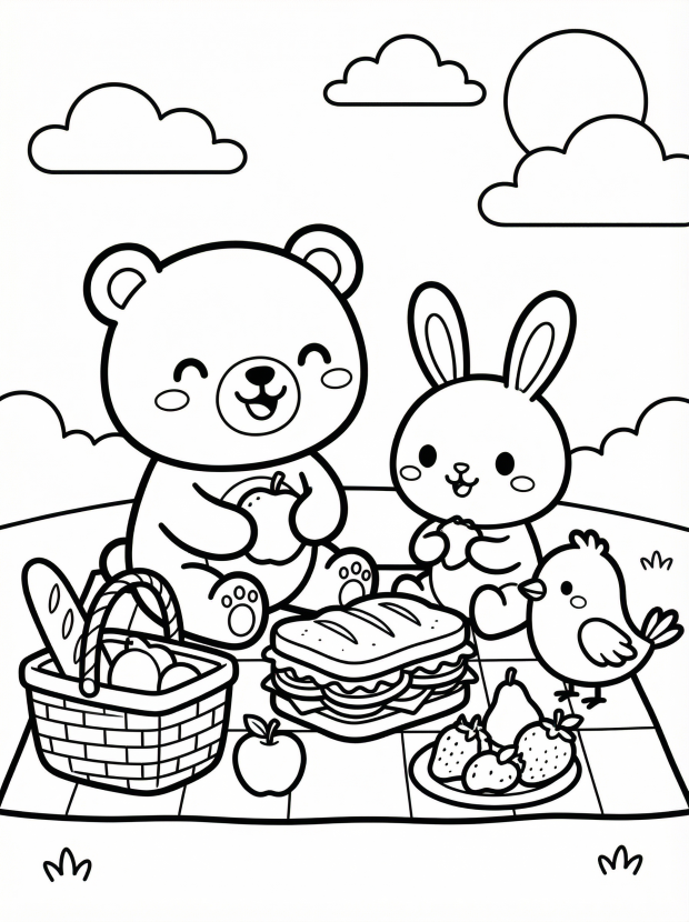 Free printable coloring page showing kawaii picnic scene with bear rabbit bird and food, perfect for kids to practice coloring and creativity