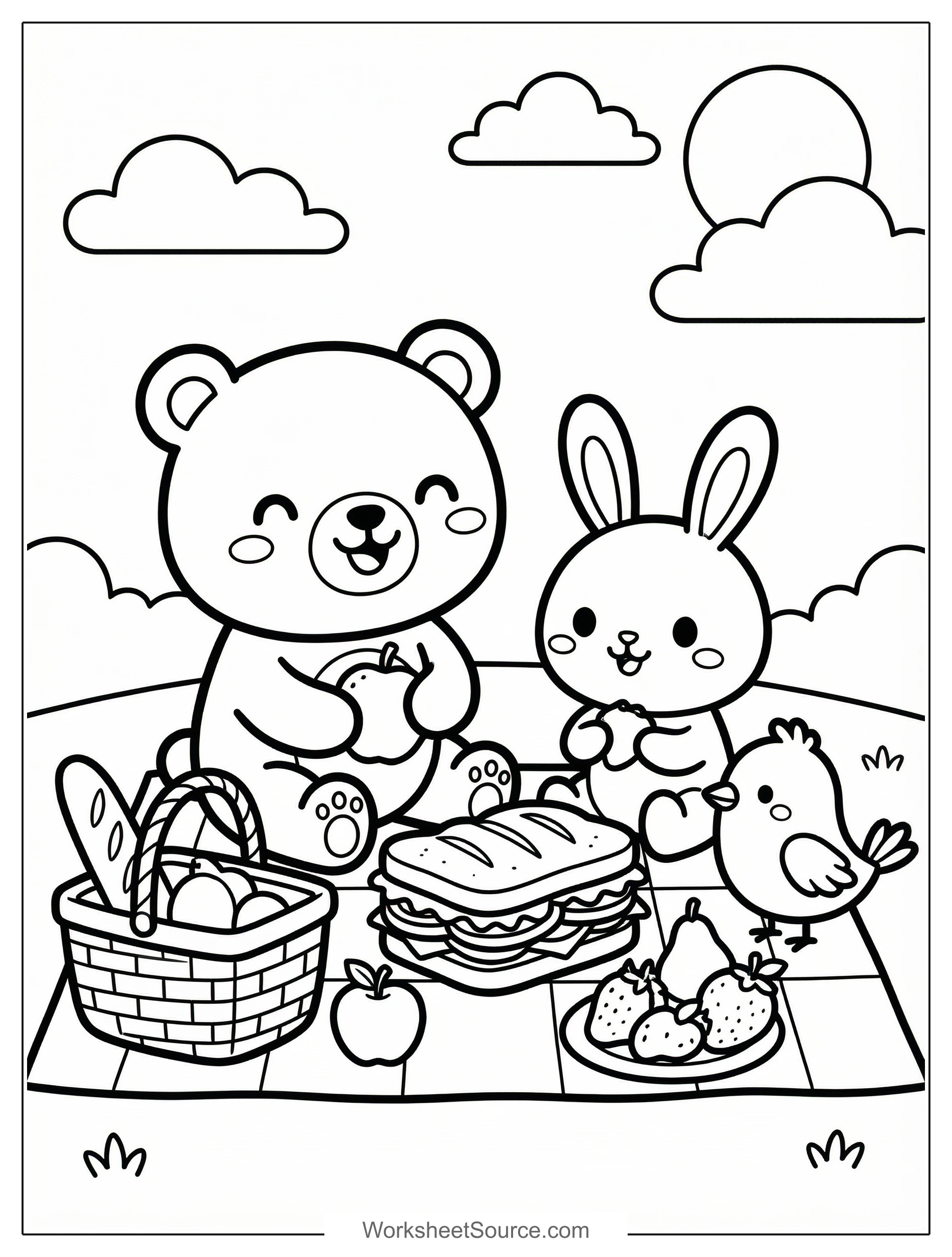 Free printable coloring page showing kawaii picnic scene with bear rabbit bird and food, perfect for kids to practice coloring and creativity