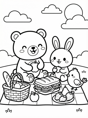 Free printable coloring page showing kawaii picnic scene with bear rabbit bird and food, perfect for kids to practice coloring and creativity