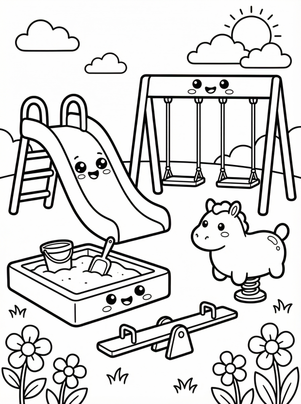 Free printable coloring page showing a kawaii playground with slide swings sandbox and spring rider, perfect for kids to practice color recognition and fine motor skills