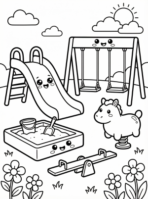 Free printable coloring page showing a kawaii playground with slide swings sandbox and spring rider, perfect for kids to practice color recognition and fine motor skills