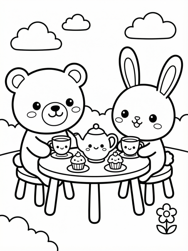 Free printable coloring page showing a kawaii bear and bunny having a tea party, perfect for kids to practice creativity and fine motor skills