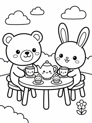 Free printable coloring page showing a kawaii bear and bunny having a tea party, perfect for kids to practice creativity and fine motor skills