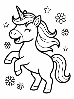 Free printable coloring page showing an adorable dancing unicorn with flowers and stars, perfect for kids to practice creativity and fine motor skills