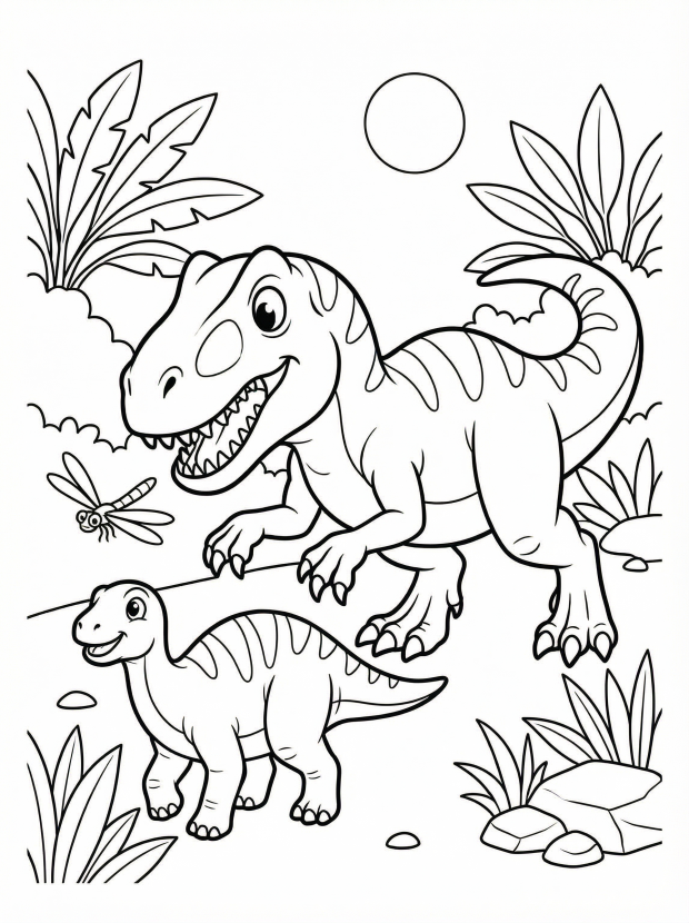 Free printable coloring page showing an Allosaurus hunting scene with plants and a baby dinosaur, perfect for kids to practice creativity and fine motor skills