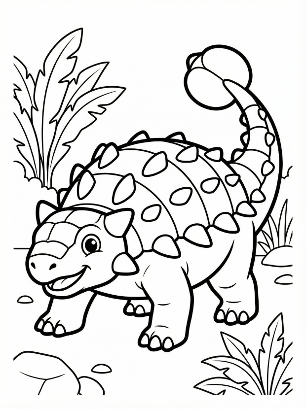 Free printable coloring page showing an armored Ankylosaurus with club tail, perfect for kids to practice coloring and learn about dinosaurs