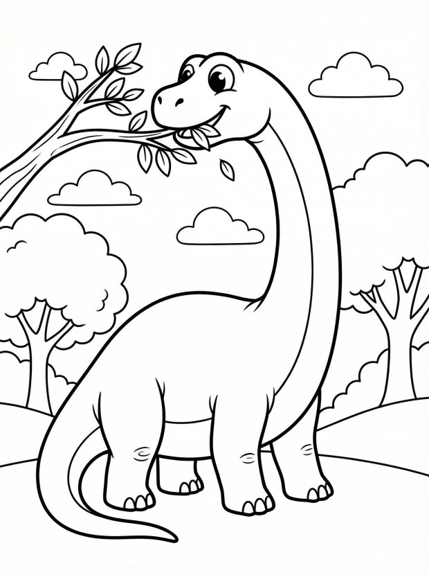 Free printable coloring page showing a long necked Brachiosaurus eating leaves, perfect for kids to practice coloring and learn about dinosaurs