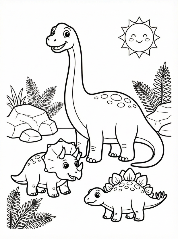 Free printable coloring page showing three friendly cartoon dinosaurs and plants, perfect for kids to practice coloring and creativity