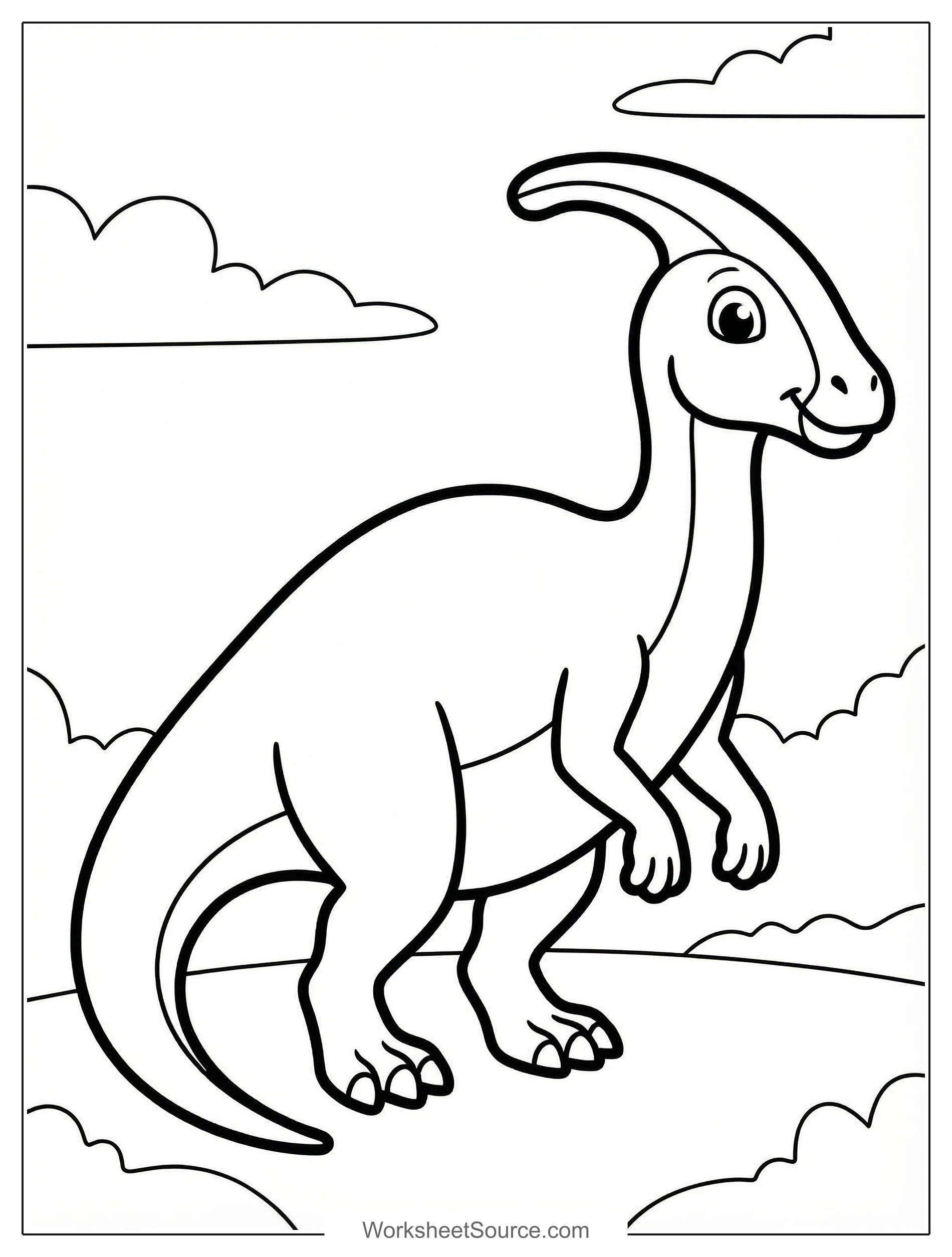 Free printable coloring page showing a Parasaurolophus with a long crest, perfect for kids to practice coloring and learn about dinosaurs
