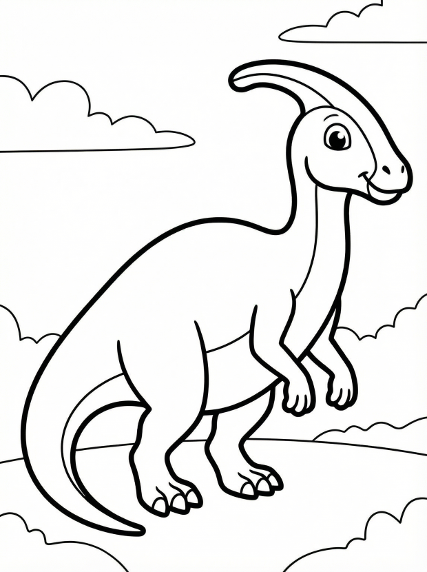 Free printable coloring page showing a Parasaurolophus with a long crest, perfect for kids to practice coloring and learn about dinosaurs
