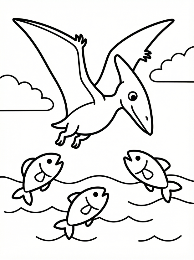 Free printable coloring page showing a pterodactyl catching fish over waves, perfect for kids to practice fine motor skills and creativity