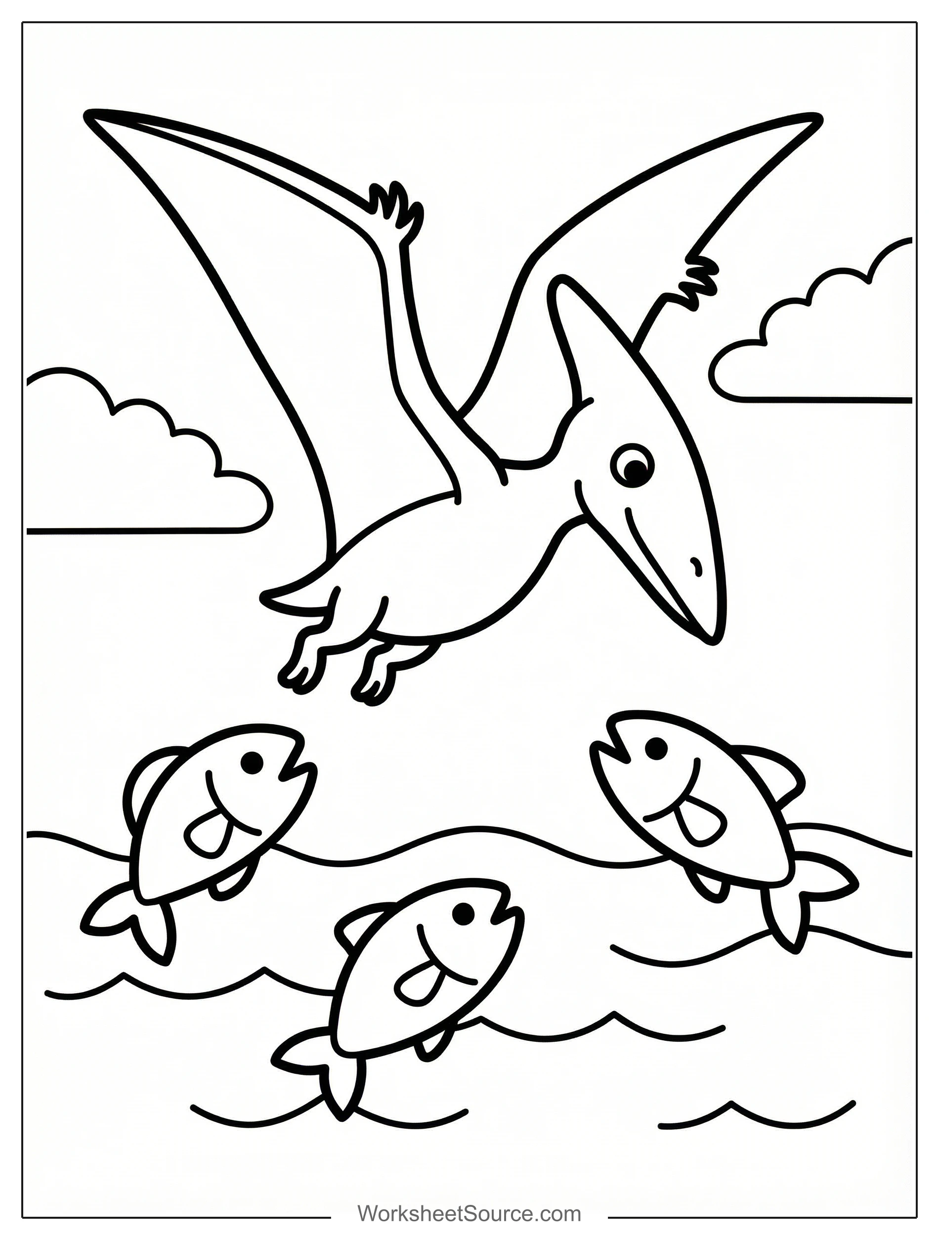 Free printable coloring page showing a pterodactyl catching fish over waves, perfect for kids to practice fine motor skills and creativity