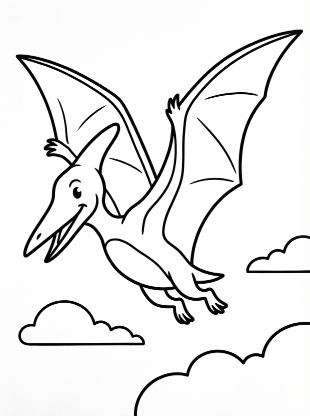 Free printable coloring page showing a pterodactyl flying over clouds, perfect for kids to explore creativity and practice fine motor skills