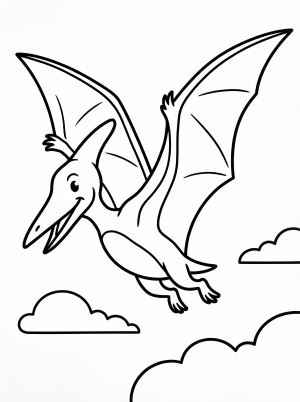 Free printable coloring page showing a pterodactyl flying over clouds, perfect for kids to explore creativity and practice fine motor skills