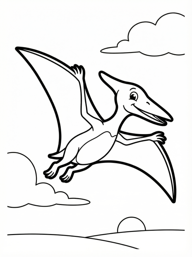 Free printable coloring page showing a flying pterodactyl in the sky, perfect for kids to practice fine motor skills and imagination