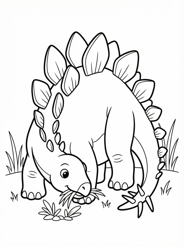 Free printable coloring page showing a stegosaurus eating low plants, perfect for kids to practice coloring and learn about dinosaurs