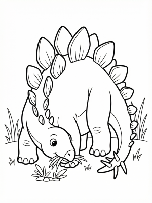 Free printable coloring page showing a stegosaurus eating low plants, perfect for kids to practice coloring and learn about dinosaurs