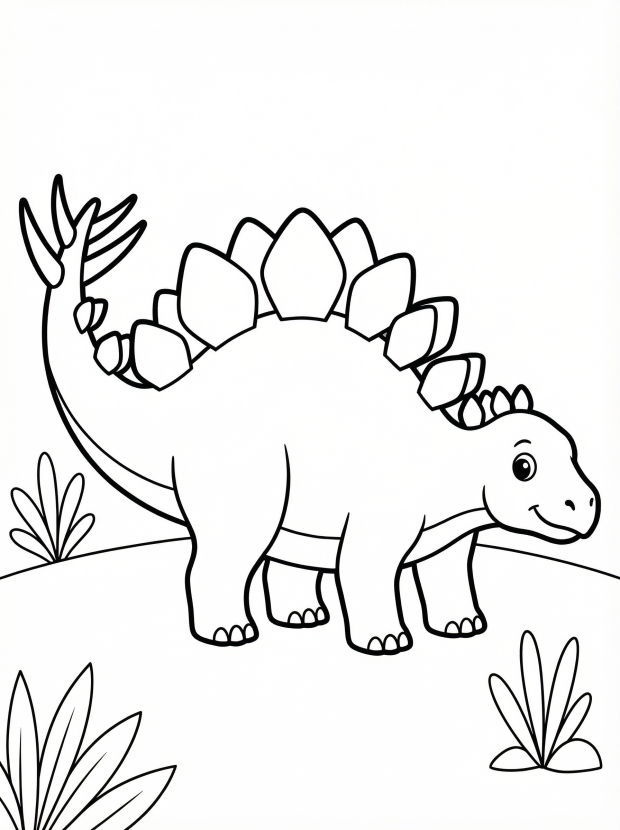 Free printable coloring page showing a smiling stegosaurus with spiked tail, perfect for kids to practice color and fine motor skills
