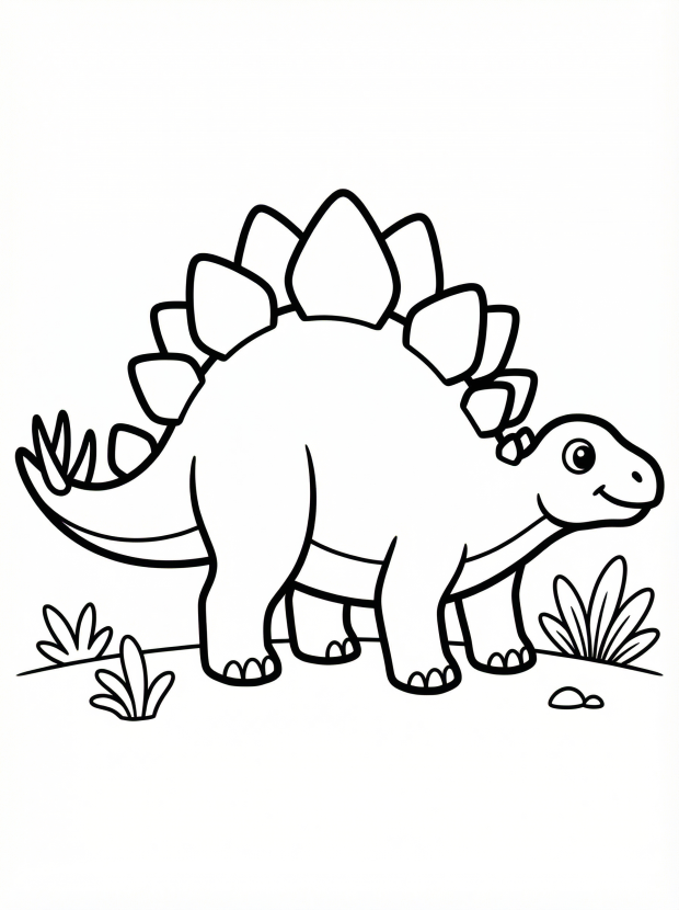 Free printable coloring page showing a stegosaurus with plates on its back, perfect for kids to practice coloring and learn about dinosaurs