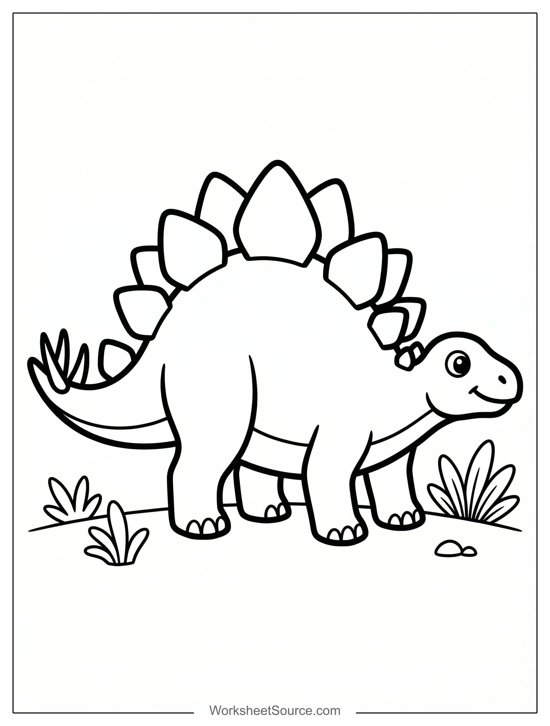 Free printable coloring page showing a stegosaurus with plates on its back, perfect for kids to practice coloring and learn about dinosaurs