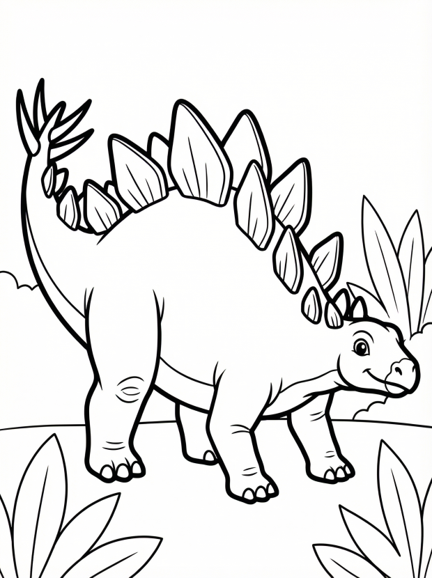 Free printable coloring page showing a spiky stegosaurus with large back plates, perfect for kids to explore creativity and learn about dinosaurs