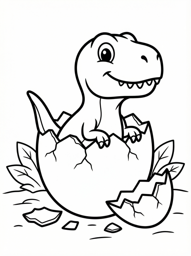 Free printable coloring page showing a baby T Rex hatching from an egg, perfect for kids to practice creativity and fine motor skills