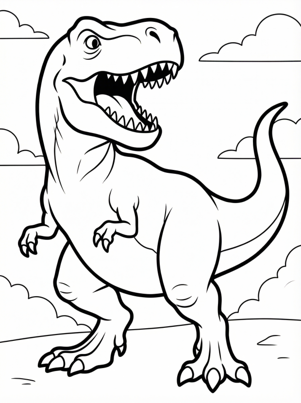 Free printable coloring page showing a roaring T Rex with open mouth and teeth, perfect for kids to practice coloring and imagination