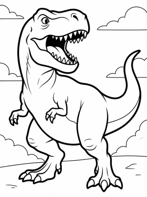 Free printable coloring page showing a roaring T Rex with open mouth and teeth, perfect for kids to practice coloring and imagination