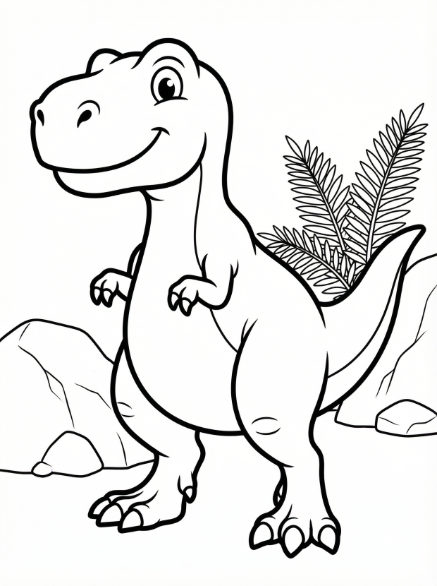 Free printable coloring page showing a smiling T Rex with short arms, perfect for kids to practice coloring and creativity