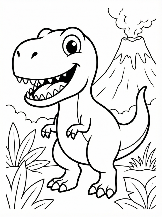 Free printable coloring page showing a friendly smiling T Rex by a volcano, perfect for kids to practice coloring and imagination