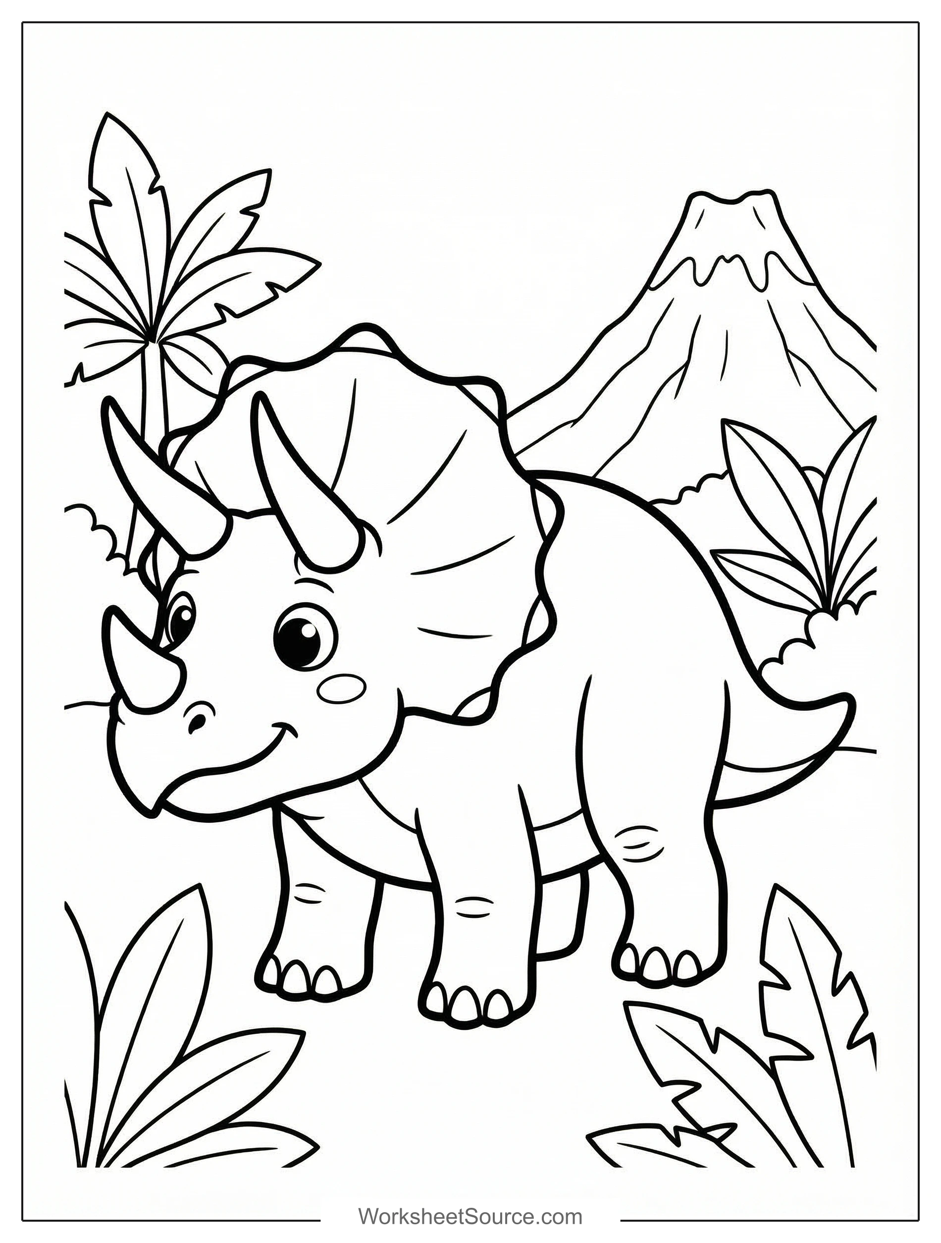 Free printable coloring page showing a friendly Three Horned Triceratops in a prehistoric scene, perfect for kids to practice coloring and creativity