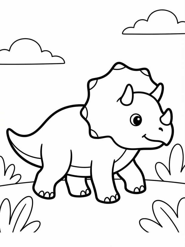 Free printable coloring page showing a cute baby Triceratops, perfect for kids to practice fine motor skills and creativity