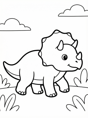 Free printable coloring page showing a cute baby Triceratops, perfect for kids to practice fine motor skills and creativity