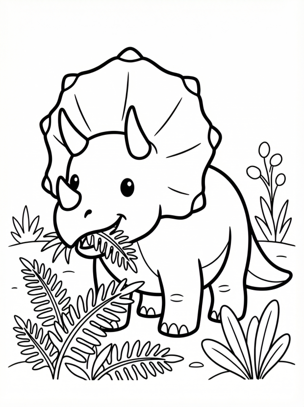 Free printable coloring page showing a Triceratops eating plants, perfect for kids to practice coloring and learn about dinosaurs