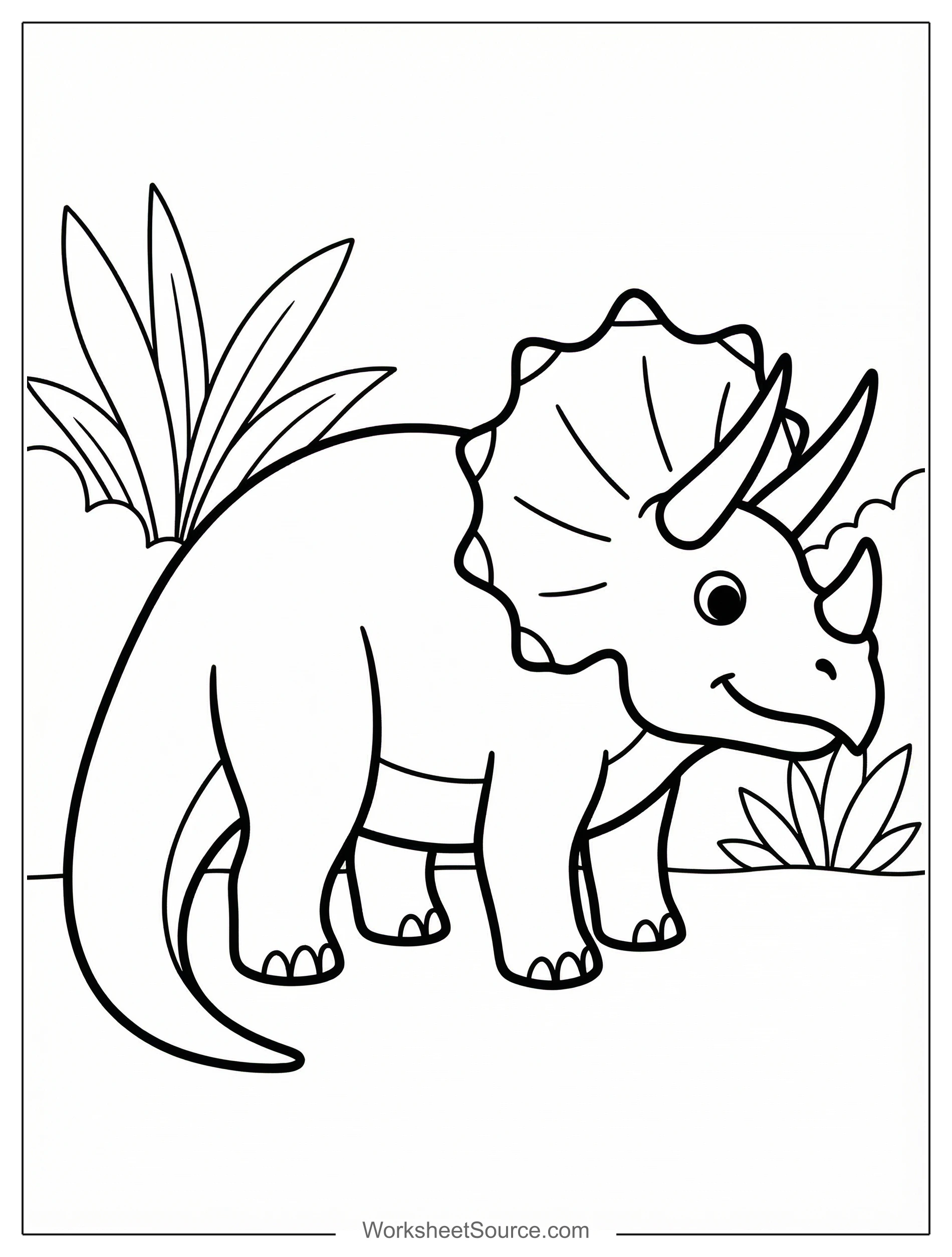 Free printable coloring page showing a Triceratops side view, perfect for kids to practice fine motor skills and creativity