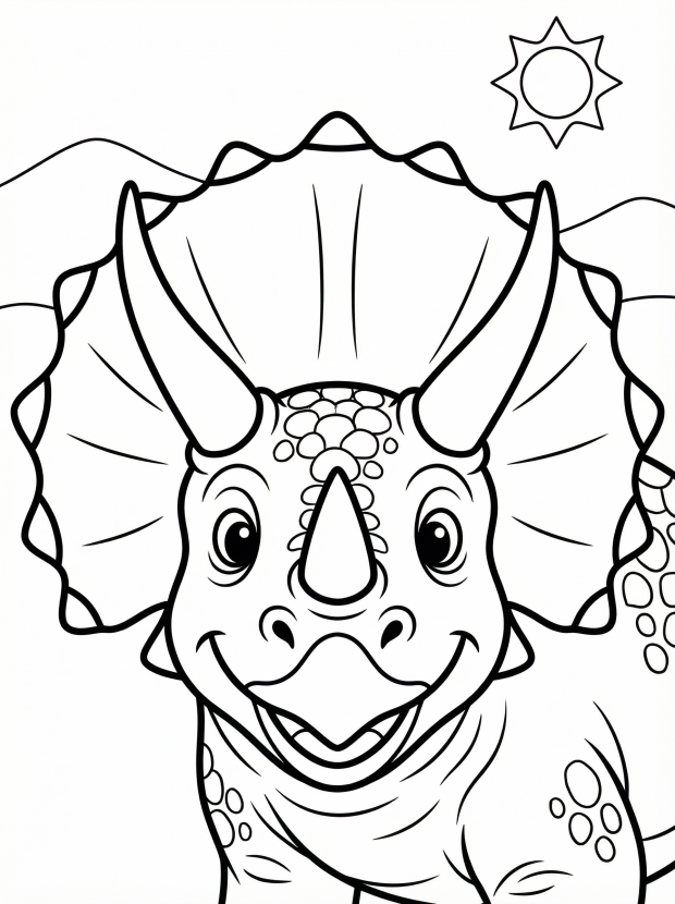Free printable coloring page showing a smiling Triceratops With Three Horns, perfect for kids to practice creativity and fine motor skills