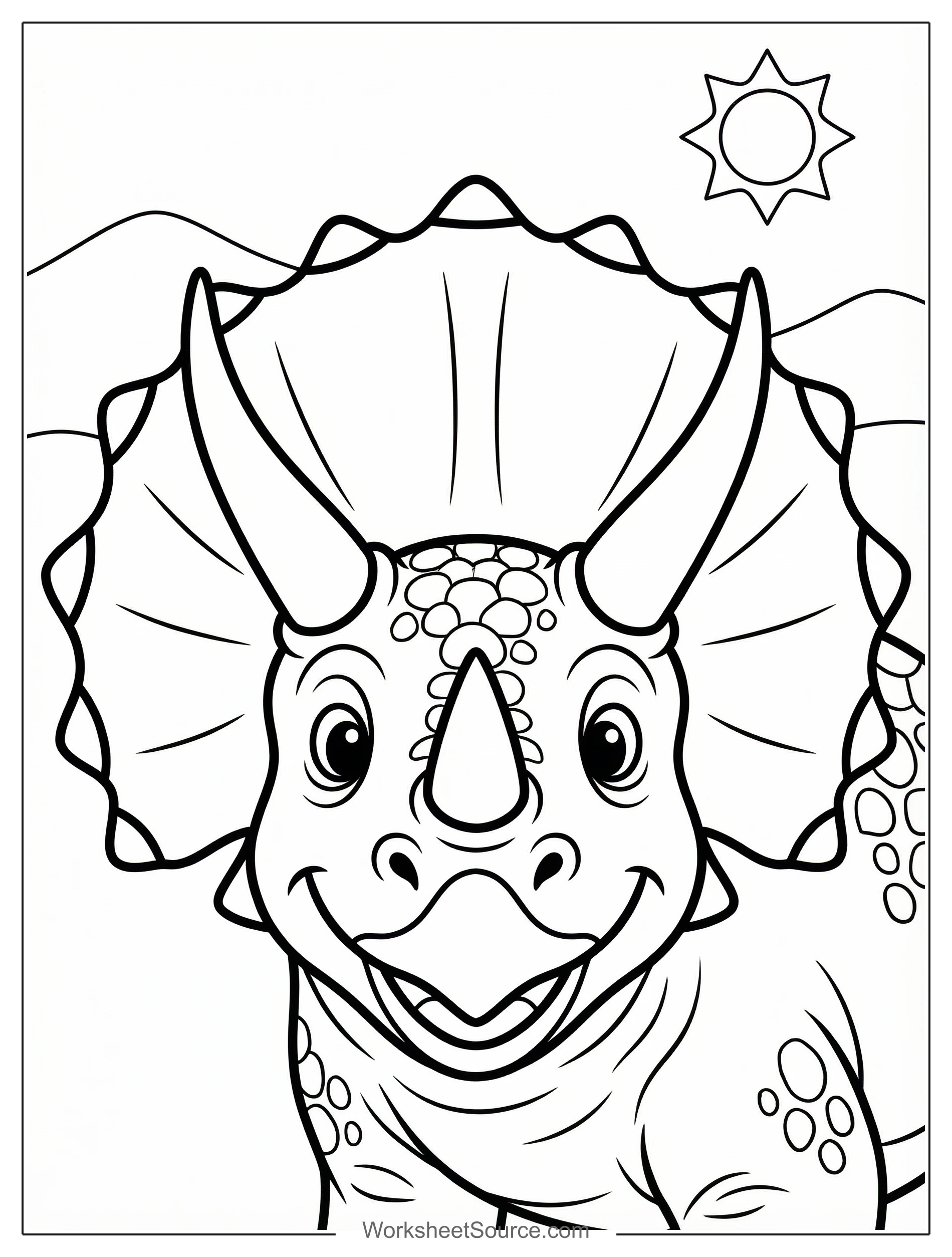 Free printable coloring page showing a smiling Triceratops With Three Horns, perfect for kids to practice creativity and fine motor skills