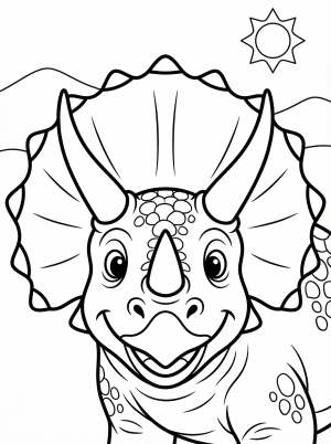 Free printable coloring page showing a smiling Triceratops With Three Horns, perfect for kids to practice creativity and fine motor skills