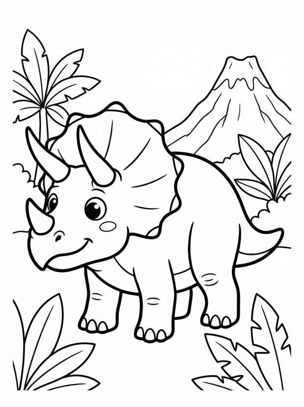 Free printable coloring page showing a friendly Three Horned Triceratops in a prehistoric scene, perfect for kids to practice coloring and creativity