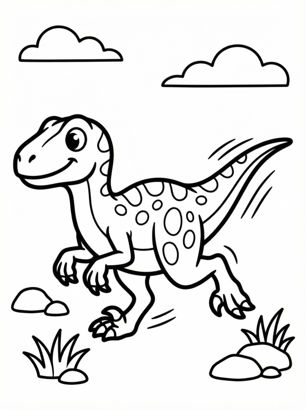 Free printable coloring page showing a speedy velociraptor running, perfect for kids to practice coloring and learn about dinosaurs