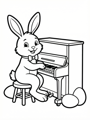 Charming Easter bunny sitting at a grand piano, ready to play, presented as clear black and white line art coloring page with professional design.