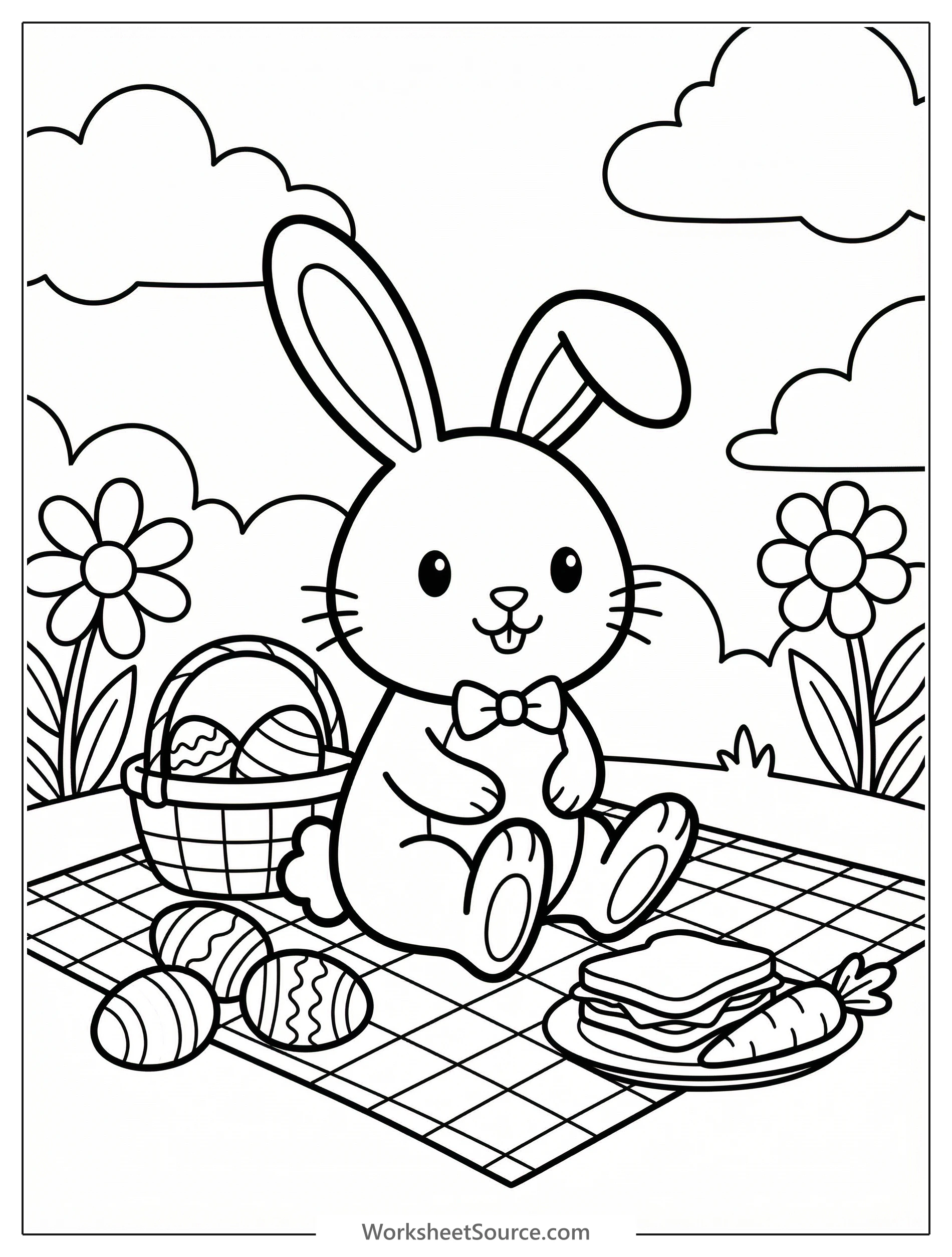 Professional black and white line art of a cheerful Easter bunny enjoying a spring picnic with eggs and a basket, ready for coloring.
