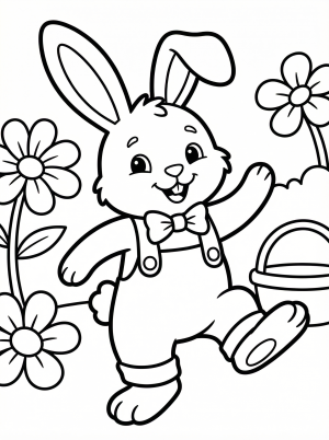 Clear black and white line art of a joyful Easter bunny dancing with arms outstretched, wearing a bow tie. Professional design for children's activities and creative coloring.