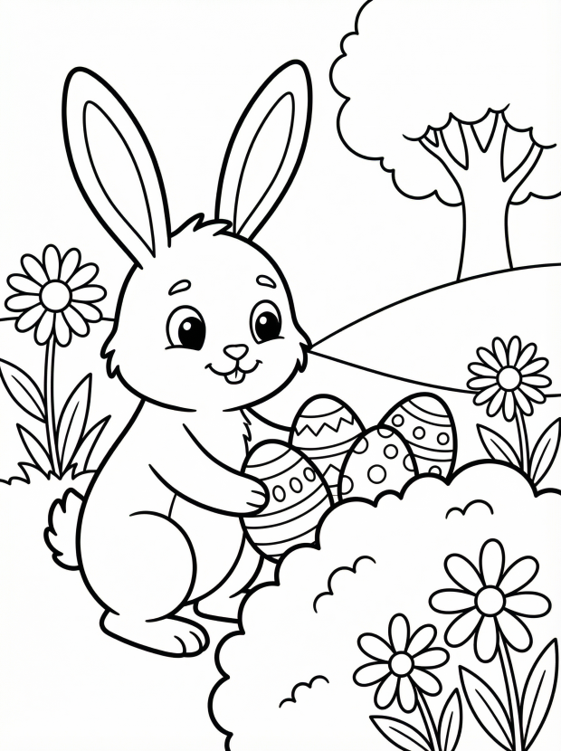 Free printable coloring page showing an Easter bunny hiding decorated eggs in a garden, perfect for kids to practice coloring and fine motor skills