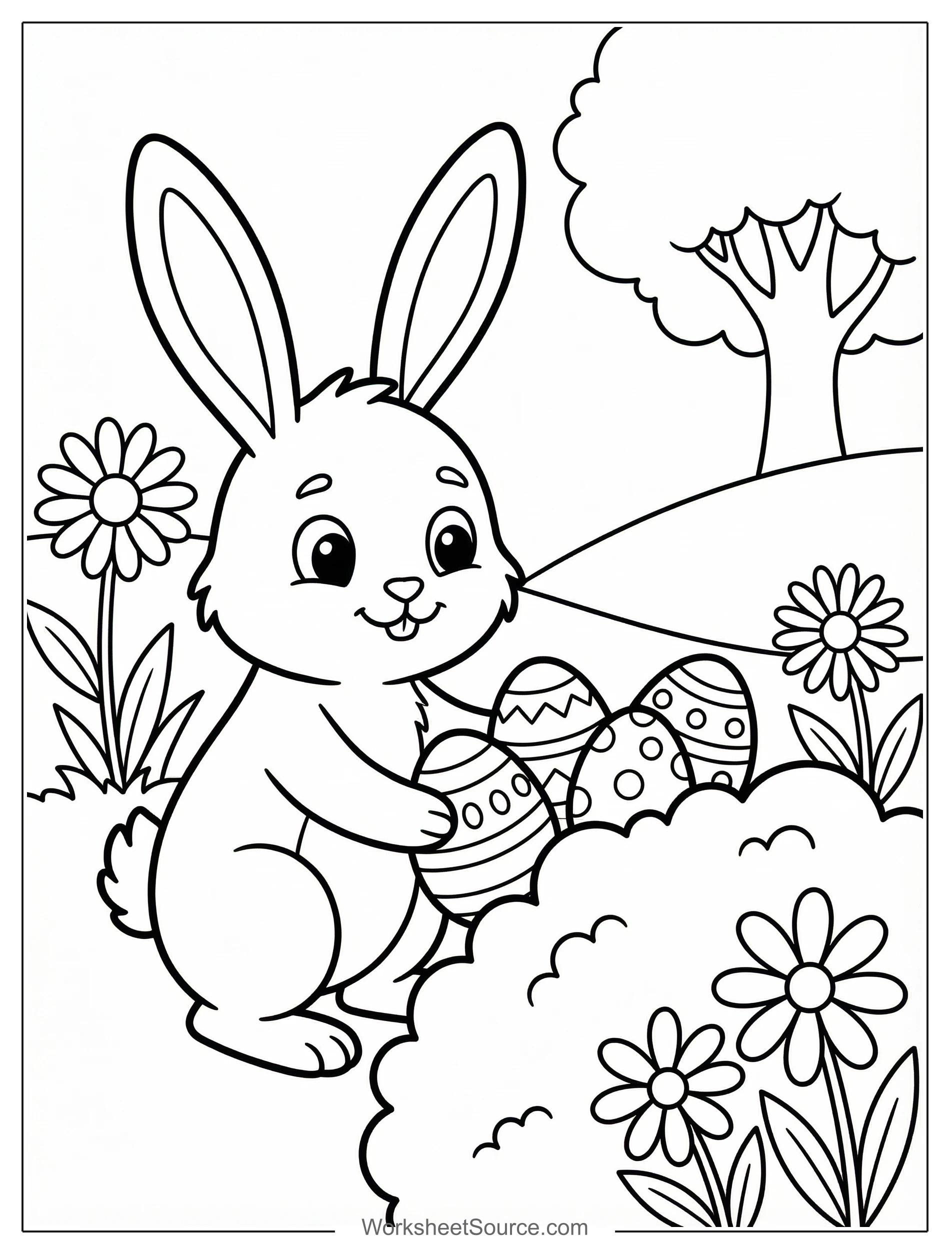 Free printable coloring page showing an Easter bunny hiding decorated eggs in a garden, perfect for kids to practice coloring and fine motor skills